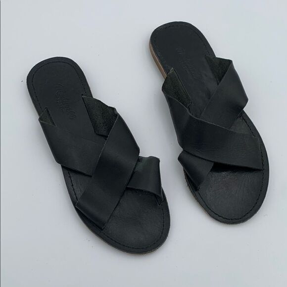 Madewell Black Leather Women's slip on cross over Sandals size 10 - Picture 1 of 10